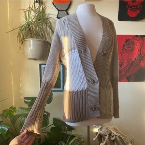 Elegant Beige and White Patchwork Style Button Up Cardigan Sweater